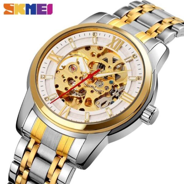 SKMEI 9222 Men’s Business Skeleton Hollow Mechanical Automatic Stainless Steel Wristwatch – Silver/Golden