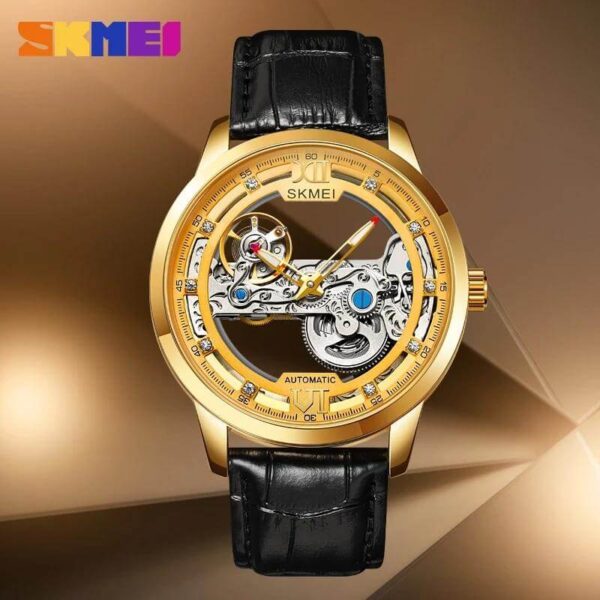SKMEI M031 Fully Automatic Men’s Hollowed Out Fashion Mechanical Leather Strap Watch – Golden/Black - Image 2