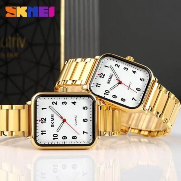 SKMEI 1954 1955 Casual Elegant Rectangle Dial Shape Stainless Steel Couple Quartz Watch – Golden/White - Image 2