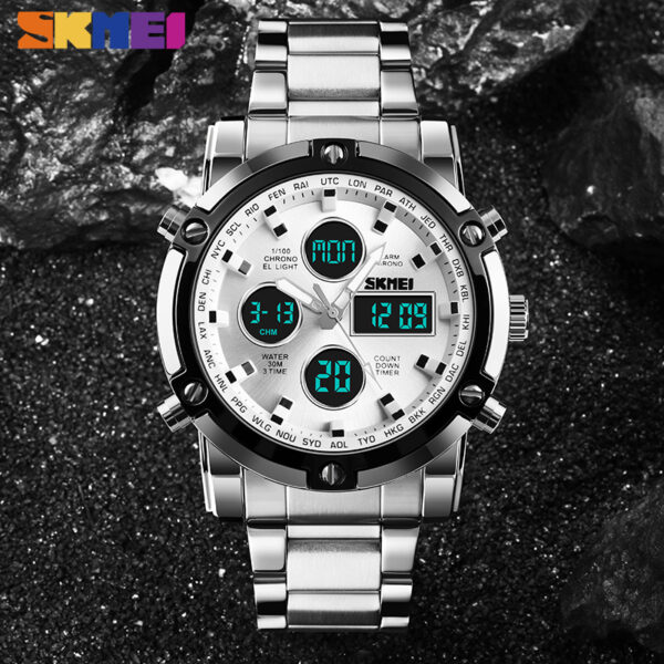 SKMEI 1389 MultiFunctional Business Analog/Digital Large Dial Stainless Steel Watch – Black/Silver - Image 3